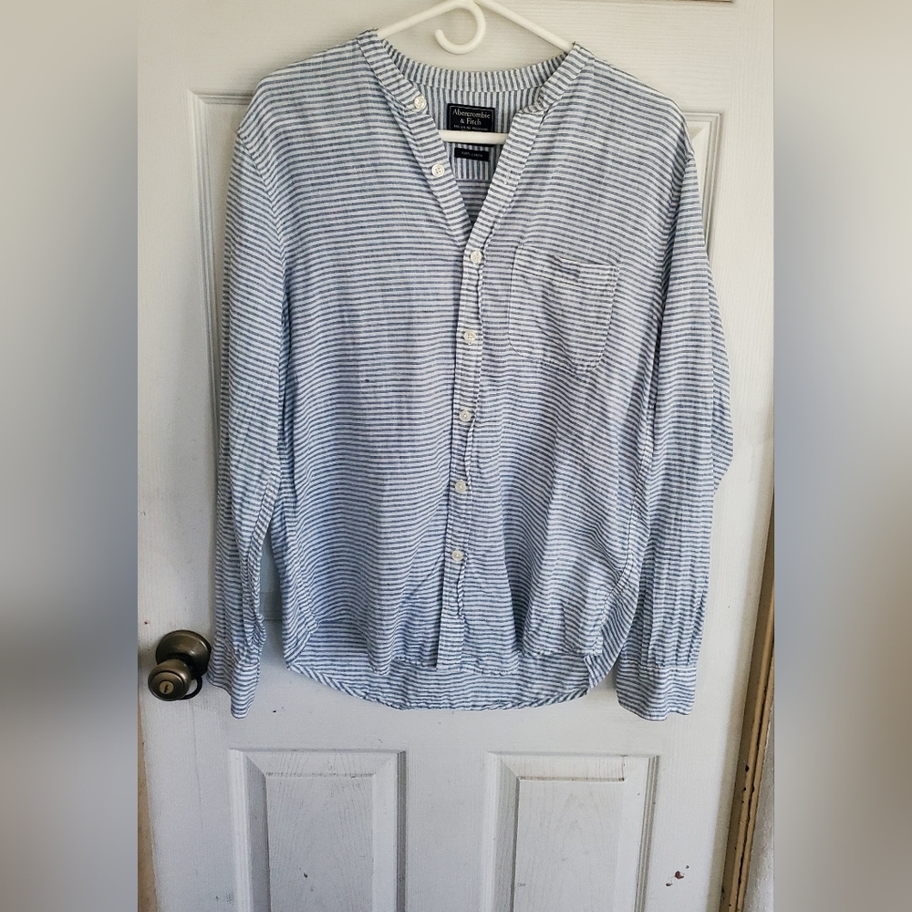 Abercrombie & Fitch 100% Linen Men's Light Blue Striped Button Down Shirt, SZ M - Picture 2 of 6
